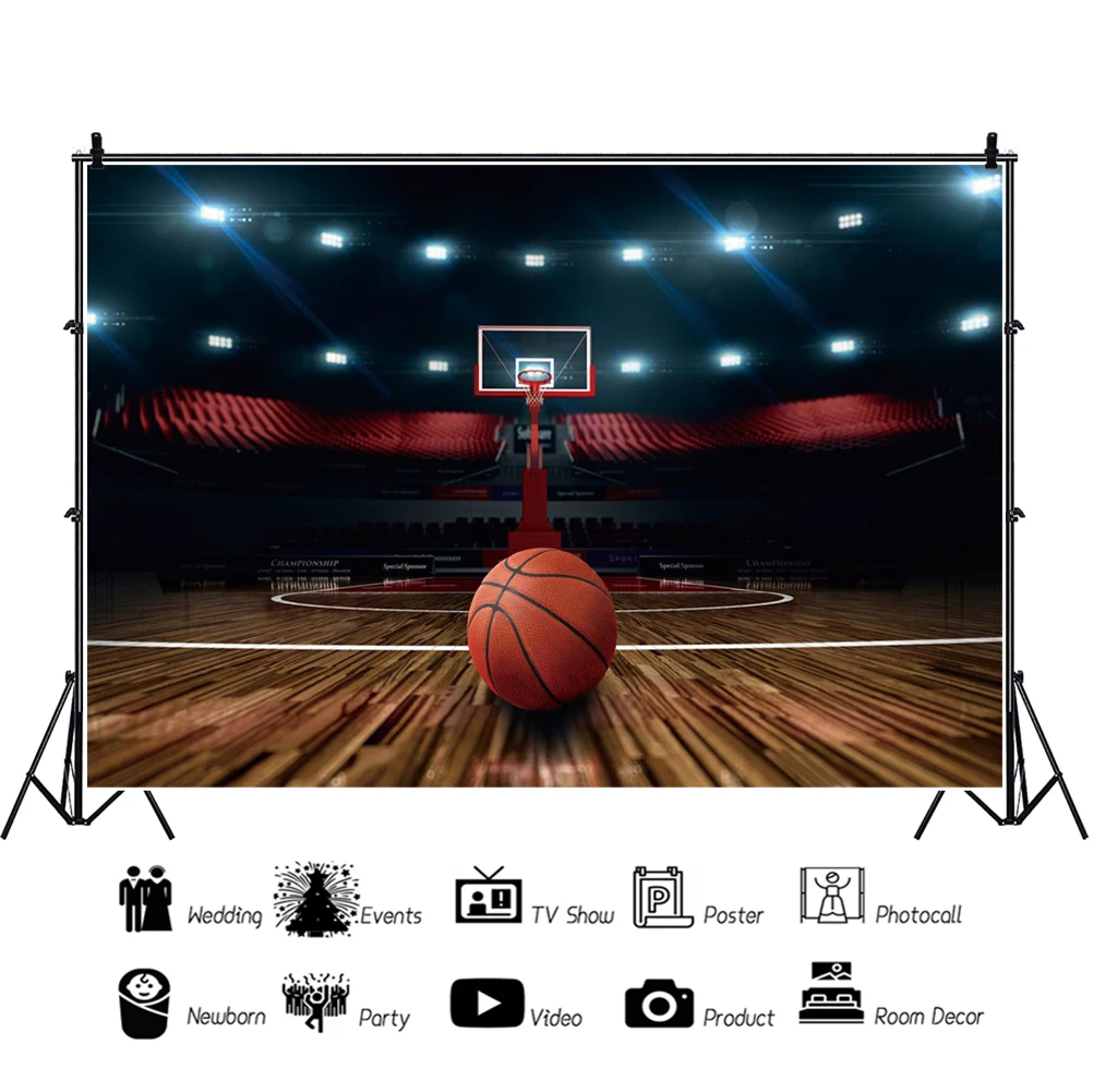 Laeacco Basketball Court Sport Boys sfondo di buon compleanno per fotografia ritratto di bambino Banner personalizzato fondali foto