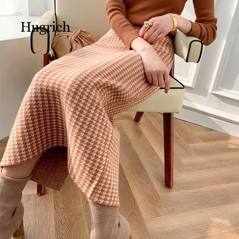 2021 Spring New Korean High Waist Hip Bag Fashion Thousand Bird Lattice Medium Long Knitting Versatile Long One-Step Skirt