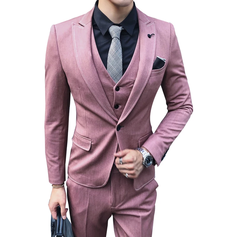 (Jacket+Pant+Vest)Luxury Men Wedding Suit Male Blazers Slim Fit Suits For Men Costume Business Formal Party Pink Classic Black