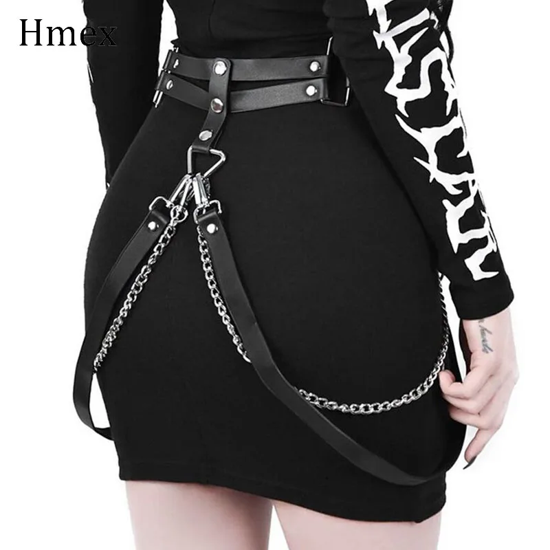 Goth Double Layer Leather Garter Belt Chain Sexy Women Metal Chain Belt Punk Body Bondage Suspenders BDSM Harness