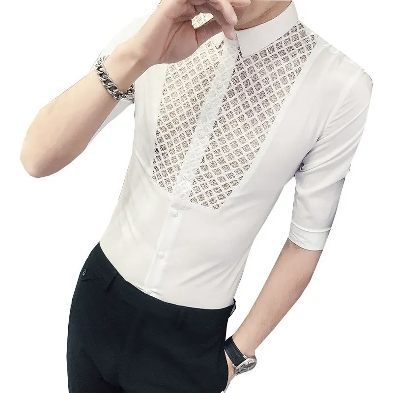 

New Sexy Summer Lace See Through Social Club Party Shirt Men Slim Fit Wedding Prom Transparent Shirt Chemise Homme