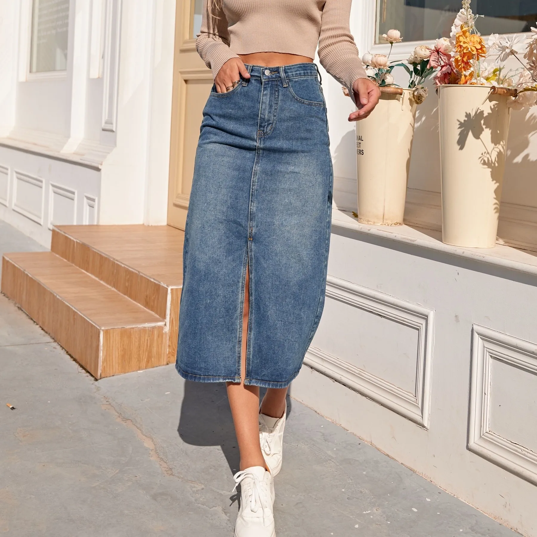 ZHISILAO New High Waist Straight Denim Skirt Women Vintage Split Fork Blue Long Bodycon Pencil Jean Skirt