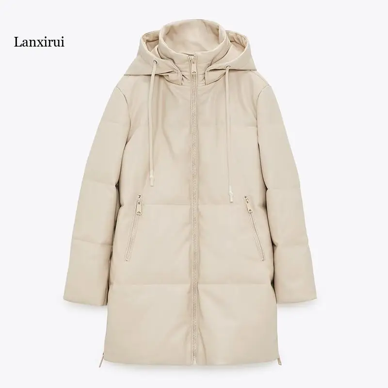 Loose Hooded Parkas Women Fashion Beige PU Leather Coats Women Side Zipper Split Long Cotton Jackets Ladies