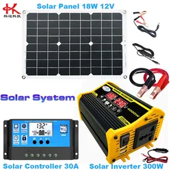 Q2B Power System = Solar Power Inverter Transformer12V To 110V 220 V 300W + Solar Panel 18W 12V / USB 5V + Controller 30A
