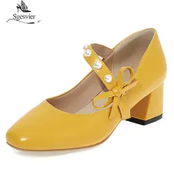 Sgesvier Pumps Women High Heels Bowtie Pumps Round Toe Thick Heel Dress Female Footwear Summer Black Yellow Large Size 48