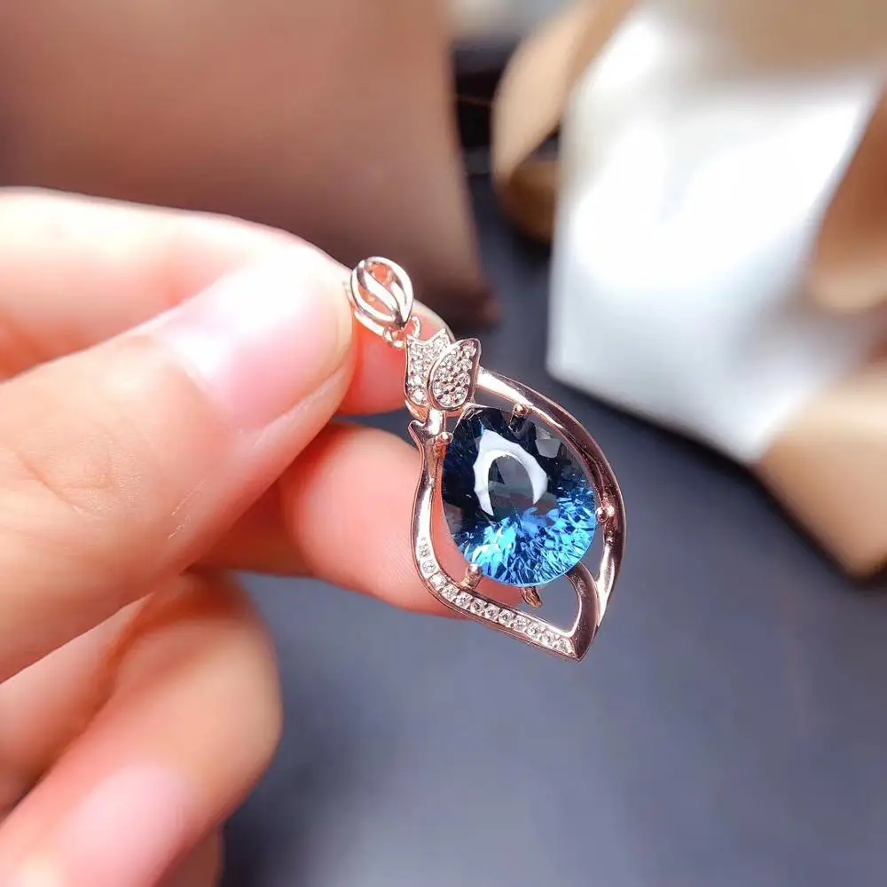 Natural and Real blue topaz pendant Free shipping Natural and real blue topaz 925 sterling silver Fine jewelry 10*14mm