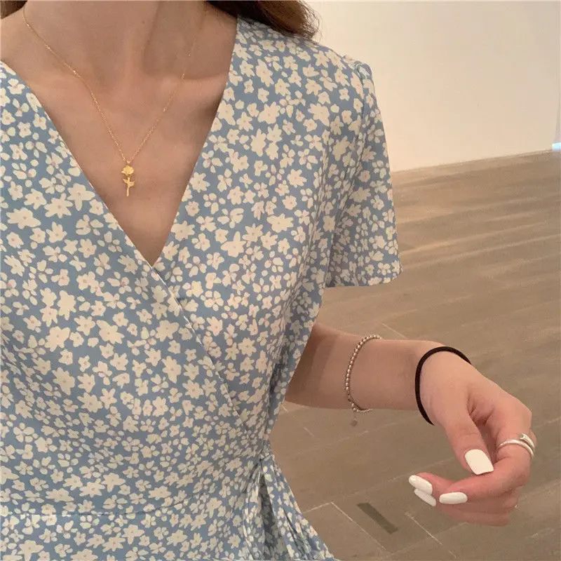 Vintage Tender Short Sleeve Dress Women Slim V-neck Elegant Retro Floral Printed All-match Daily Female Korean Chic Vestidos OL
