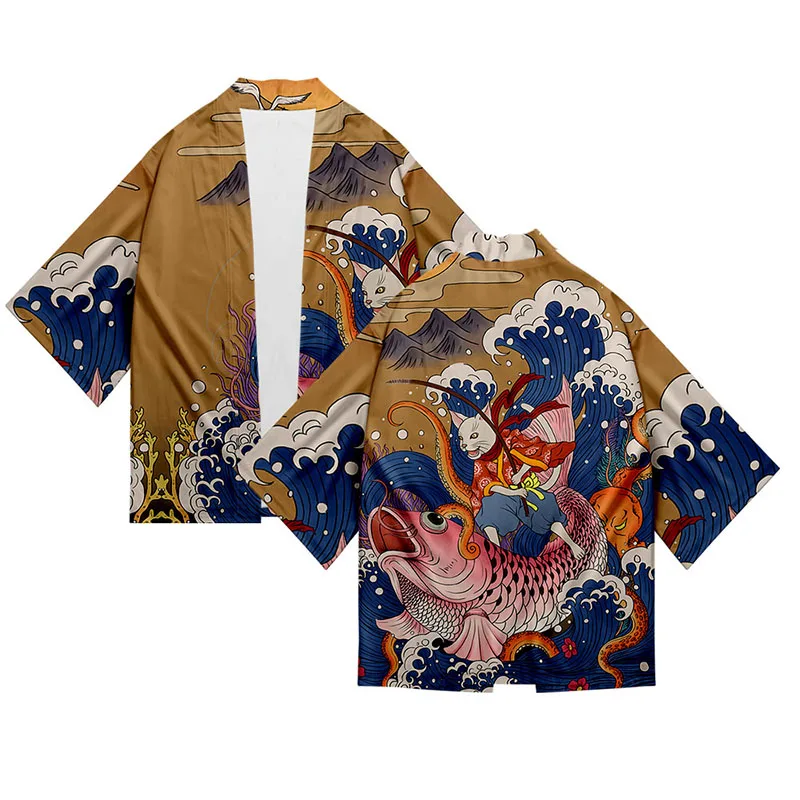 

Japanese Ukiyoe Cat Fishing Kimono Shirt 3d Print Costume Fashion Men Seven Point Sleeve Tops Cardigan Jacket Streetwear Clothes