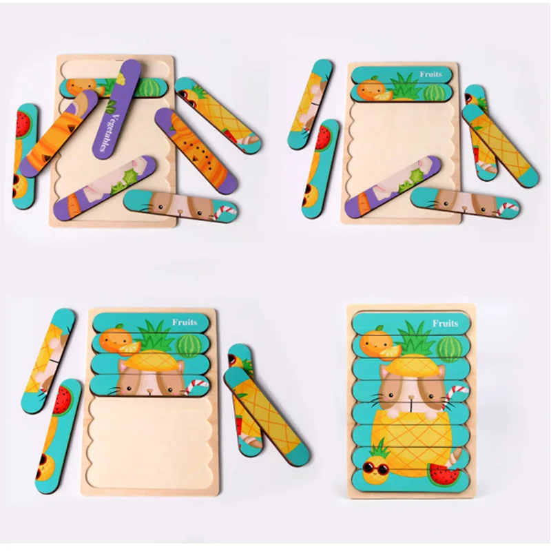 Baby Wooden Double Sided Strip 3D Puzzles, Jogo de Combinar Animais, Desenhos Animados, Brinquedos Educativos Montessori, Presentes para Crianças, 1 Ano, 2 Anos, 3 Anos de Idade