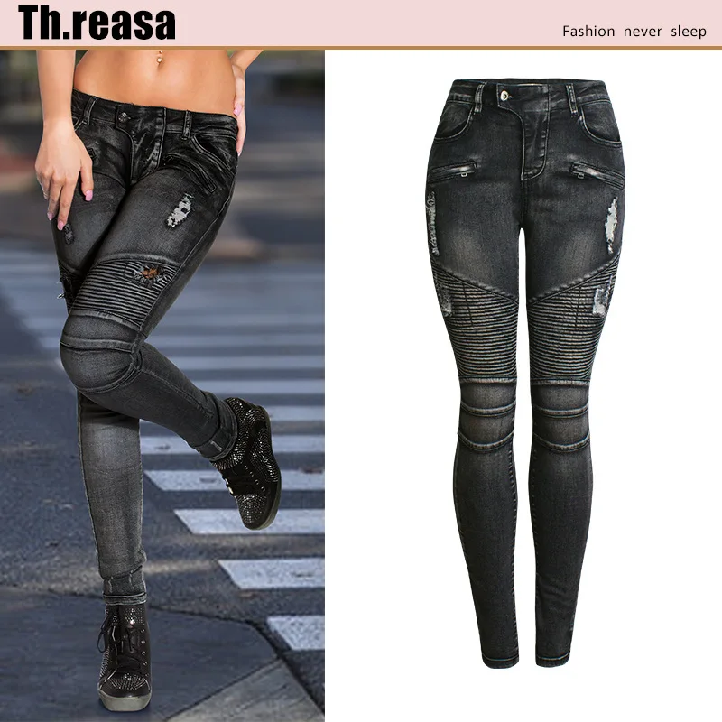 

Locomotive Model European and American Women's Clothing Hole-breaking Body-stretching Slim Women's Denim Pencil Pants Small Feet