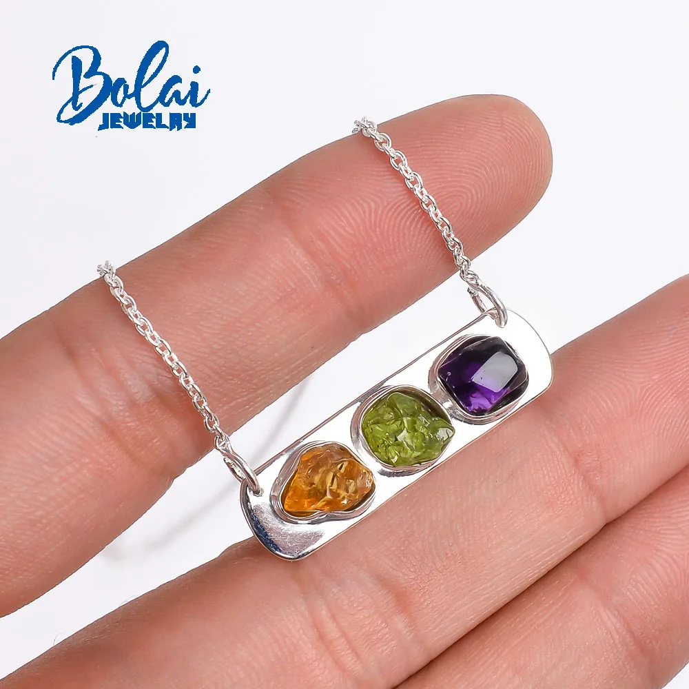 

Bolai,925 sterling silver Amethyst citrine peridot natural rough gemstone necklace with unique handmade style lady fine jewelry