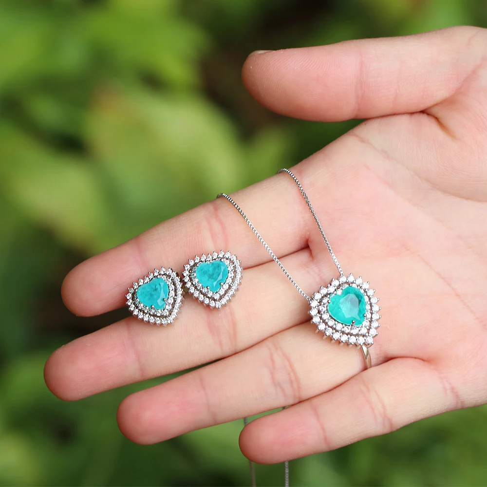 EYIKA Romantic Heart Paraiba Tourmaline Zircon Necklace Earrings Jewelry Set For Women Luxury Wedding Engagement Valentine\'s Day