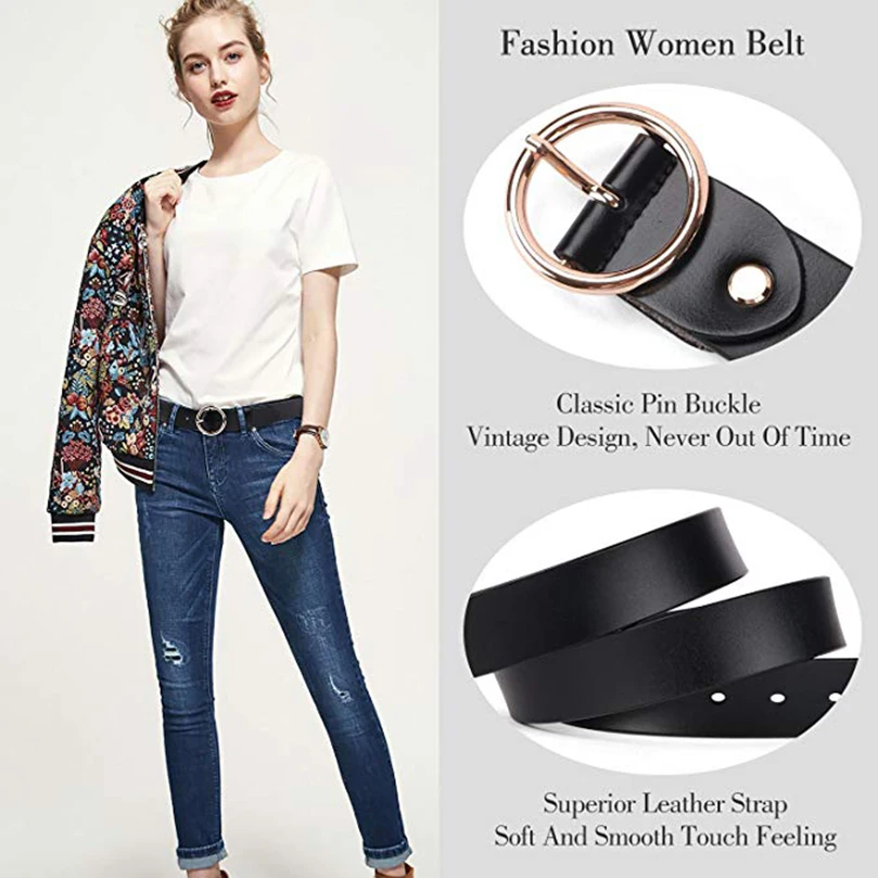 Zency Luxury Brand 100% Genuine Leather Women Belts High Quality Fashion Round Pin Buckle Waist Belt For Jeans Black White Brown