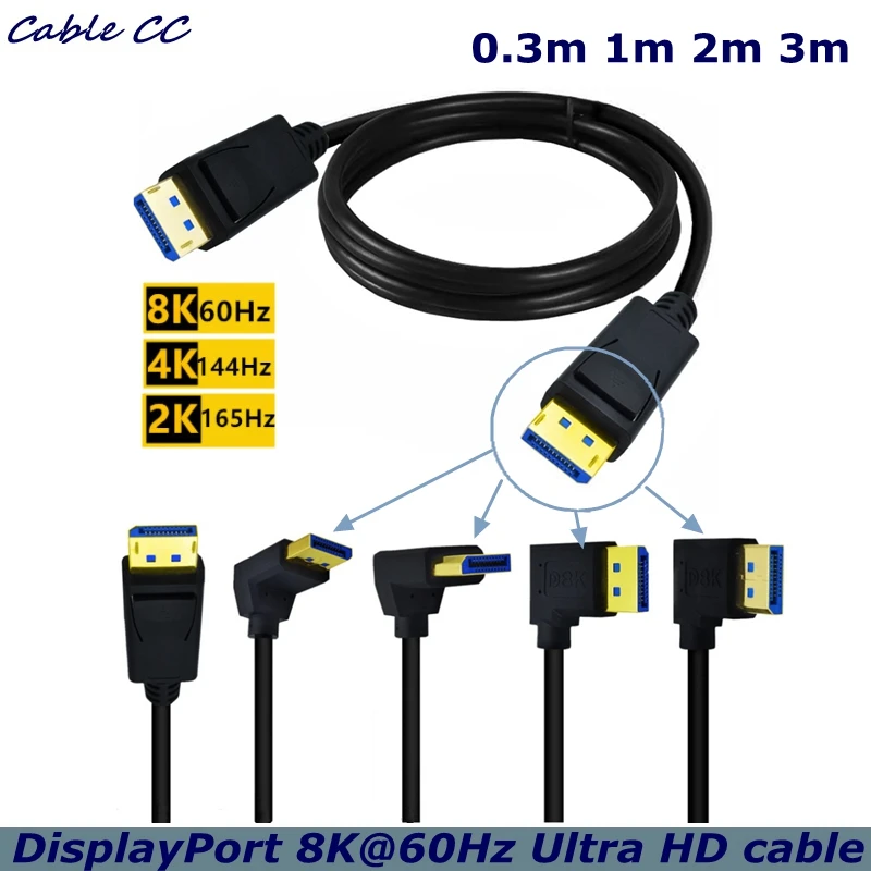 30cm 1m 2m 3m Right-Angle DisplayPort Cable 1.4Version 8K@60Hz for TV, Monitor, Graphics Card, PC, Notebook DP 3D Adapter