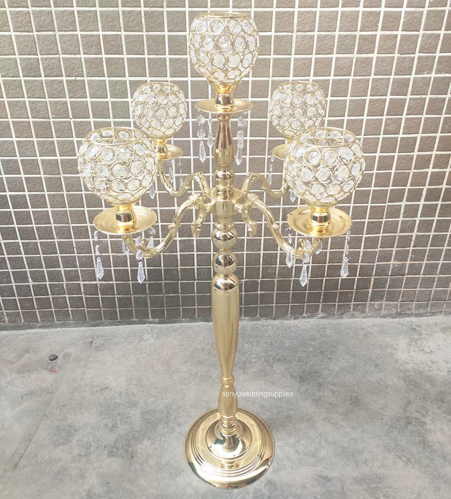 

95cm tall) 10pcs)new design 5 arms gold crystal candelabra for weddings senyu2469