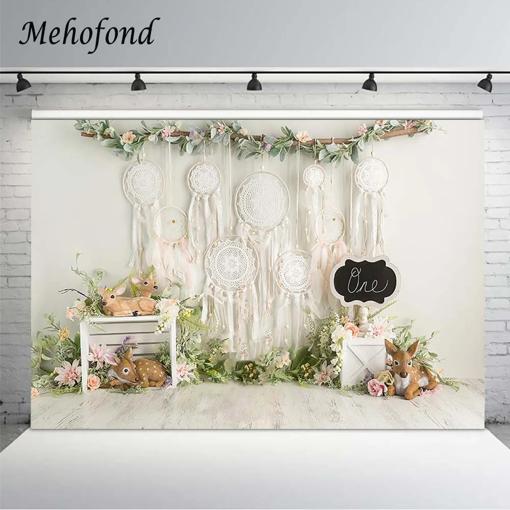 

Mehofond 1st Birthday Photographic Background White Gauze Flowers Deer Cake Smash Newborn Portrait Photo Backdrop Photophones