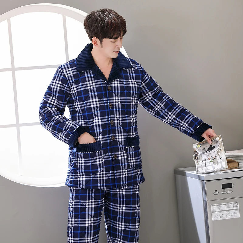 New Arrival Fashion Plaid Quilted Pajama Sets Soft Men Sleepwear Winter Lounge Set Three Layer Coral Fleece Thick Quilted Jacket