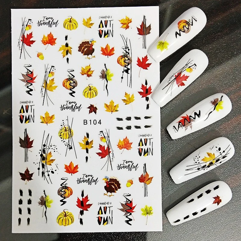 10PCS Thanksgiving Turkey Nail Sticker Autumn Nail Slider Nail Beauty Manicure Sticker Self-adhesive Nail Art Slider Maple Leaf