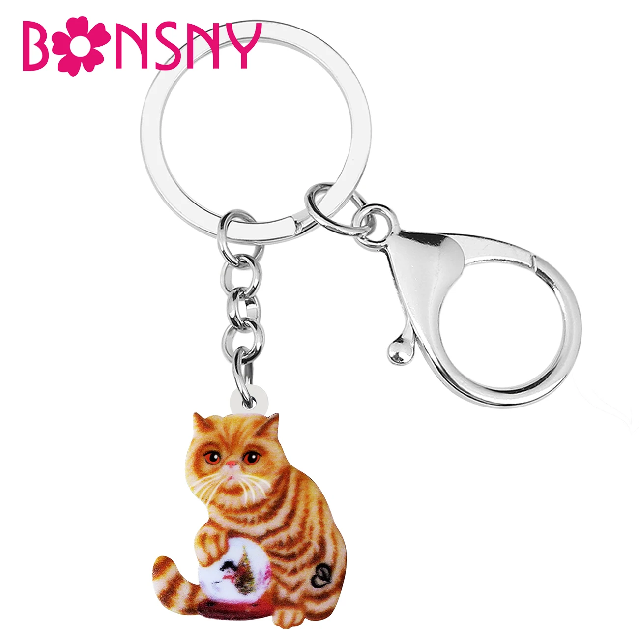 BONSNY Acrylic Cute Orange Tangerine Cat Kitten Keychains Trendy Car Key Chain Ring Jewelry For Women Teen Girls Charms Gifts