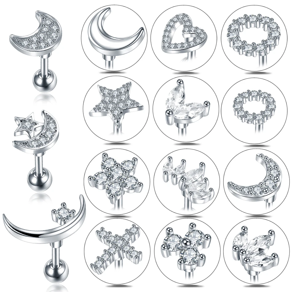 

1PC Cross Star Moon Flower CZ Tragus Cartilage Piercings Ear Stud Helix Piercings Crystal Daith Rook Earrings Women Jewelry 16G