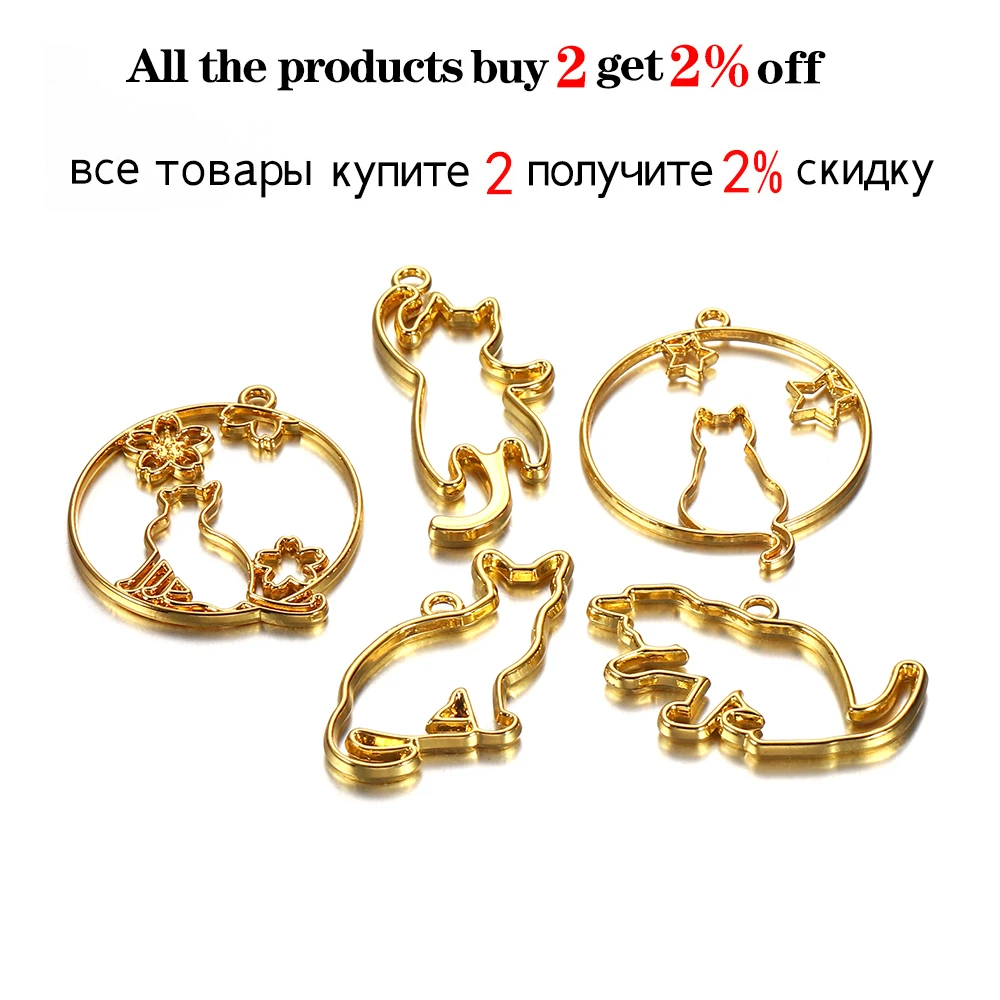 5Pcs/Set Gold Cute Cat Hollow Frames Pendant Open Bezel Setting UV Epoxy Resin Molds For DIY Jewelry Making Craft Accessories image 2