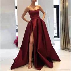 Vestidos de baile Borgonha com bolsos para mulheres, fenda lateral, cetim sem alças, vestidos de festa longos elegantes, vinho tinto, vestido formal