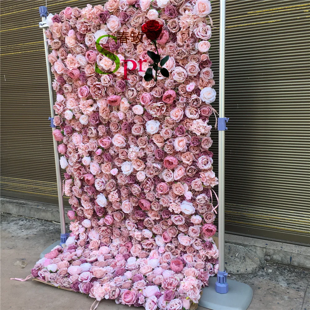 SPR light pink roll up cloth back silk flower wall for wedding backdrop decoration