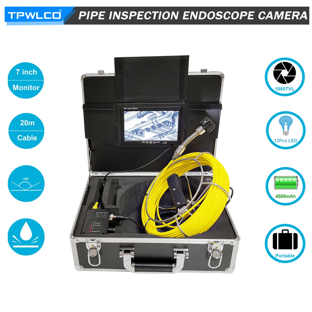 

TPWLCO Industrial Pipeline Inspection Camera 23mm 7inch LCD Waterproof Endoscope Drain Sewer System 20m Cable 12V4500mAh Battery