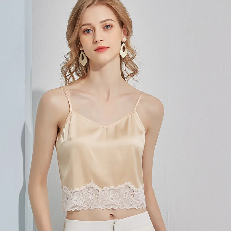 

Women 92% Mulberry Silk 8% Spandex 19 momme Short Type Lace Trim Spaghetti Strap Camisole Top Vest Sleepwear TG138