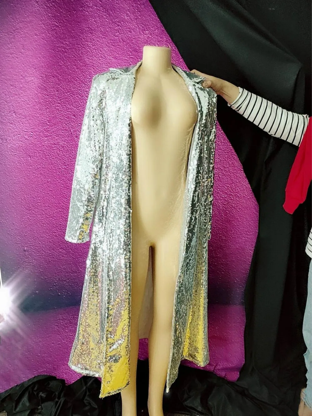 ไนท์คลับแสดง Sparkly Sequins หญิงนักร้อง DJ Stage แสดงเงินแจ็คเก็ตเสื้อคลุมเปิด Ds เครื่องแต่งกาย