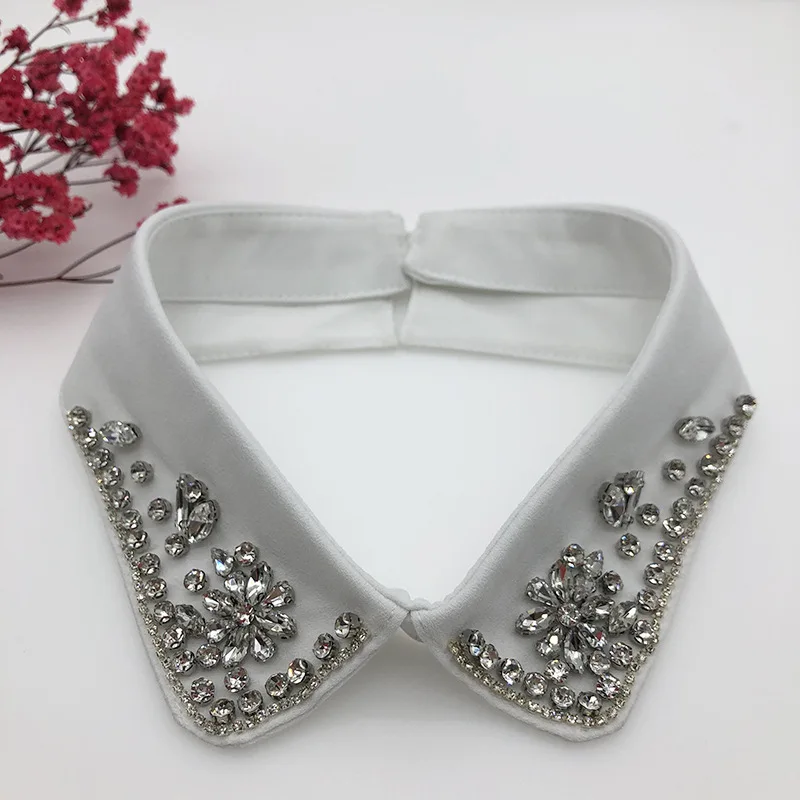 Women Rhinestone Handmade Beading Faux Pearls Layers Bib Lapel Fake Collar Jewelry Detachable Necklace Choker Cloth Accessories