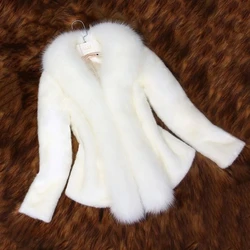 Abrigo corto blanco de piel sintética para mujer, chaqueta ajustada con cuello de piel de zorro de imitación, ropa de otoño e invierno, novedad de 2021