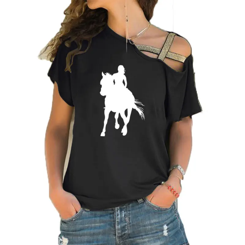 

New Girl And Horse Print Funny Teeshirt Women Short sleeve Summer Cool Clothes Loose Irregular Skew Cross Bandage Tops Tee