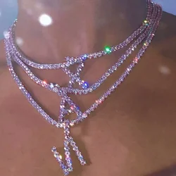 Bling Iced Out Rhinestone Tennis Chain Letter Pendant Necklace For Women Luxury Pink Crystal Initial Choker Necklace Jewelry