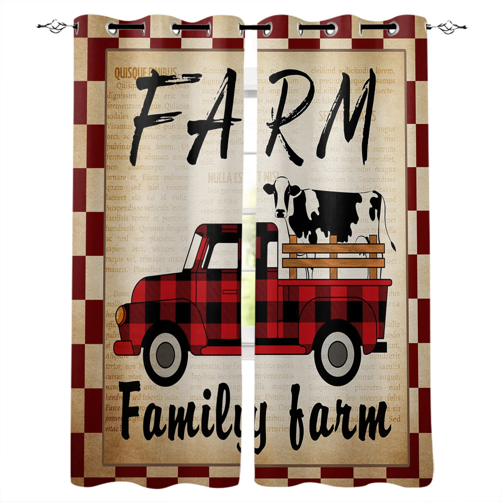 Farm Cow Vintage Truck Retro Old Newspaper Red Plaid Blackout Curtains Kitchen Bedroom Kids Room Window Curtains for Living Room