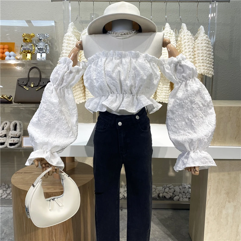 New 2021 Gentle Goddess Fan Off Shoulder Lantern Sleeve Top Exquisite Jacquard Slim Fitting Off Navel Sweet Foreign Style Blouse