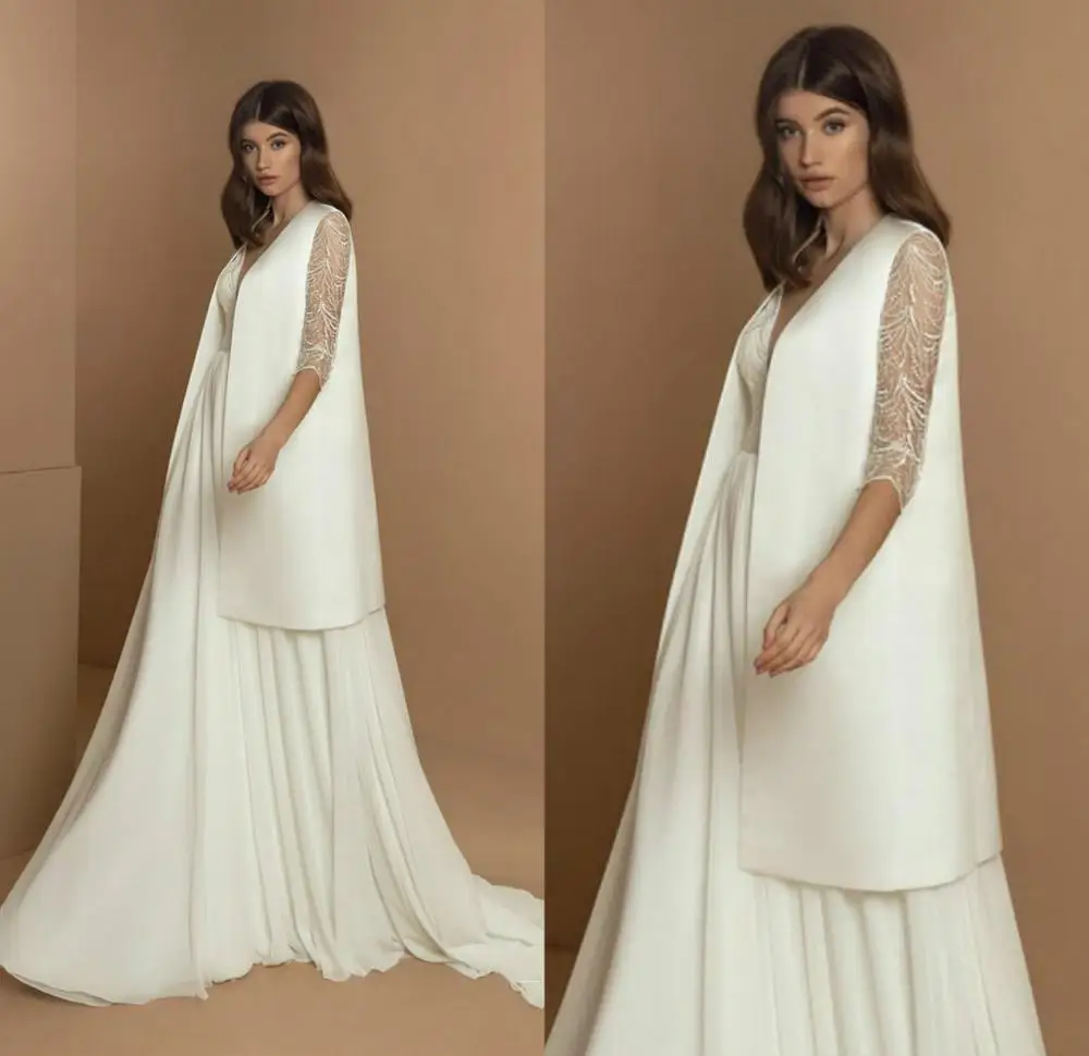 2020 abiti da sposa Boho scollo A V pizzo Appliqued mezze maniche lunghe abito da sposa una linea abiti in Chiffon su misura De Novia