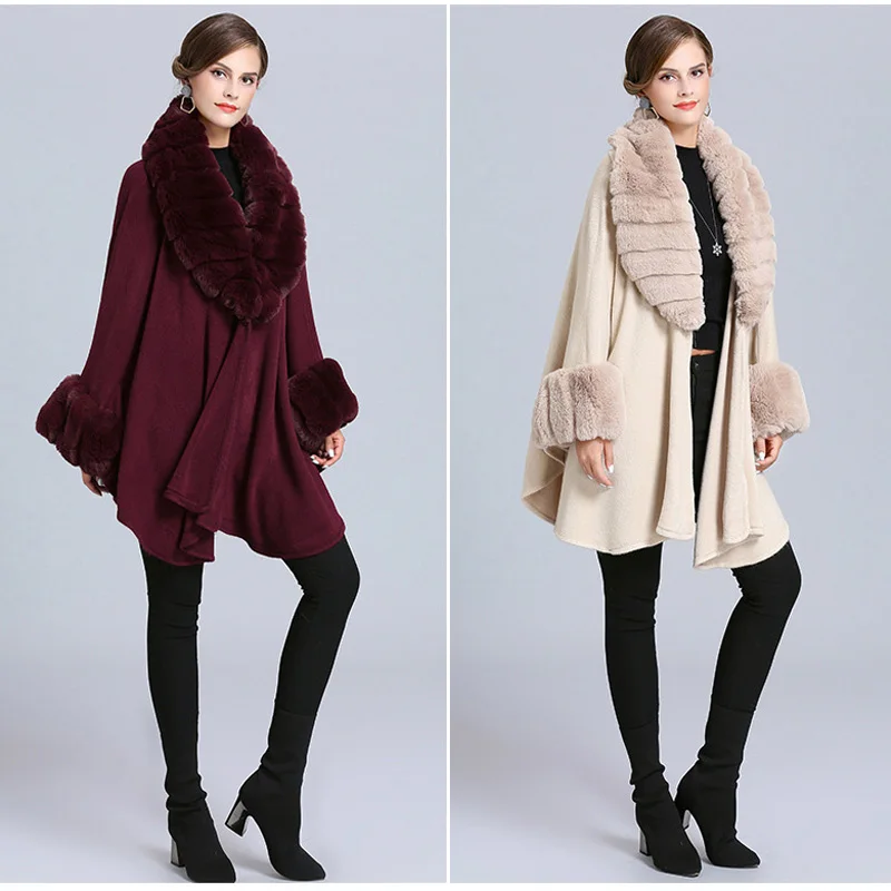 Mode Weit Welle Revers Faux Kaninchen Pelz Cape-Mantel Frauen Winter Lose Stricken Mantel Strickjacke Weichen Poncho Wraps Mantel Neue