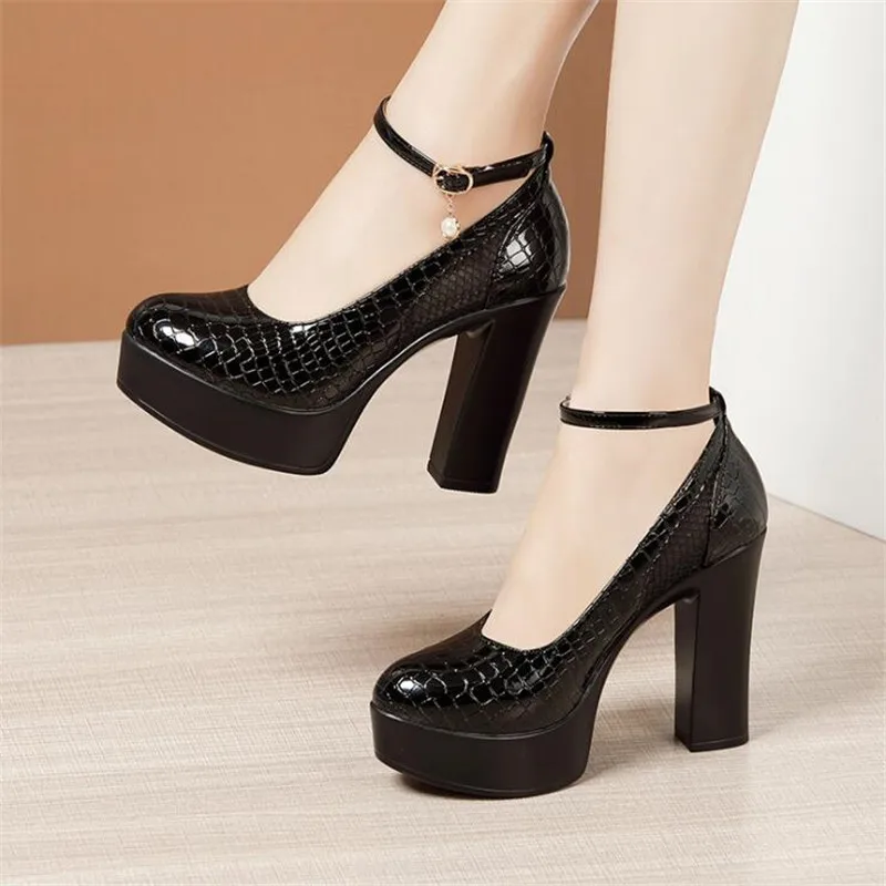 Genuine Leather Women Shoes Round Toe Pumps Platform High Heels Fashion Party Wedding Shoes Black Work Shoe Plus Size 32-43