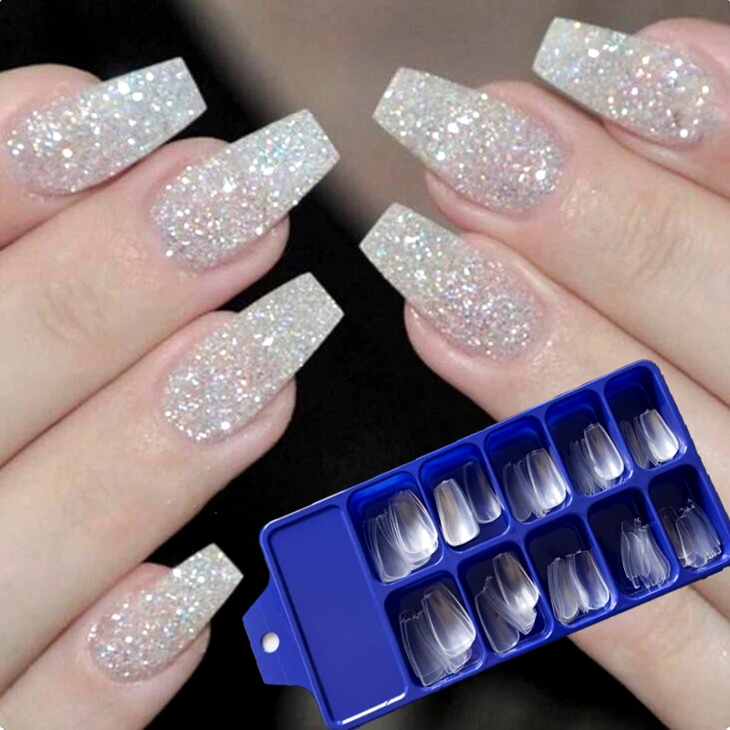 100Pcs/Box Acrylic Coffin Short Ballerina Fake Nails Art Press on nails Professional Full Cover Fasle Nail Art Fingernail Full