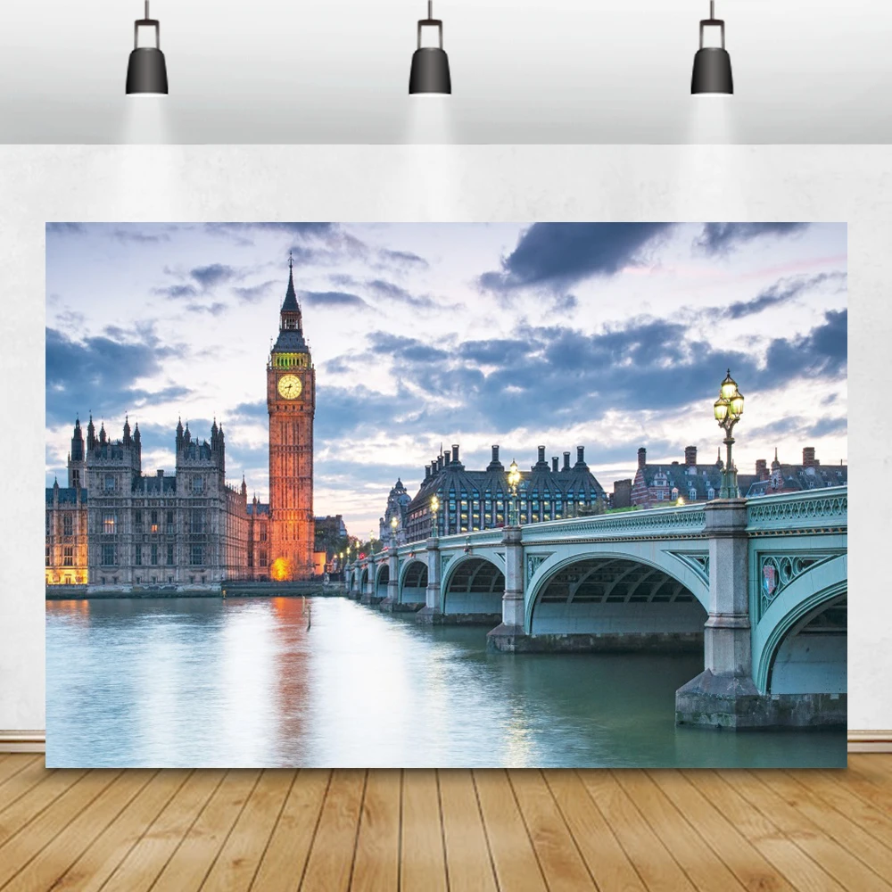 Laeacco Famous Landmark London Big Ben Modern Buildings Bridge River Photography Backdrops Photographic Backgrounds Photo Studio