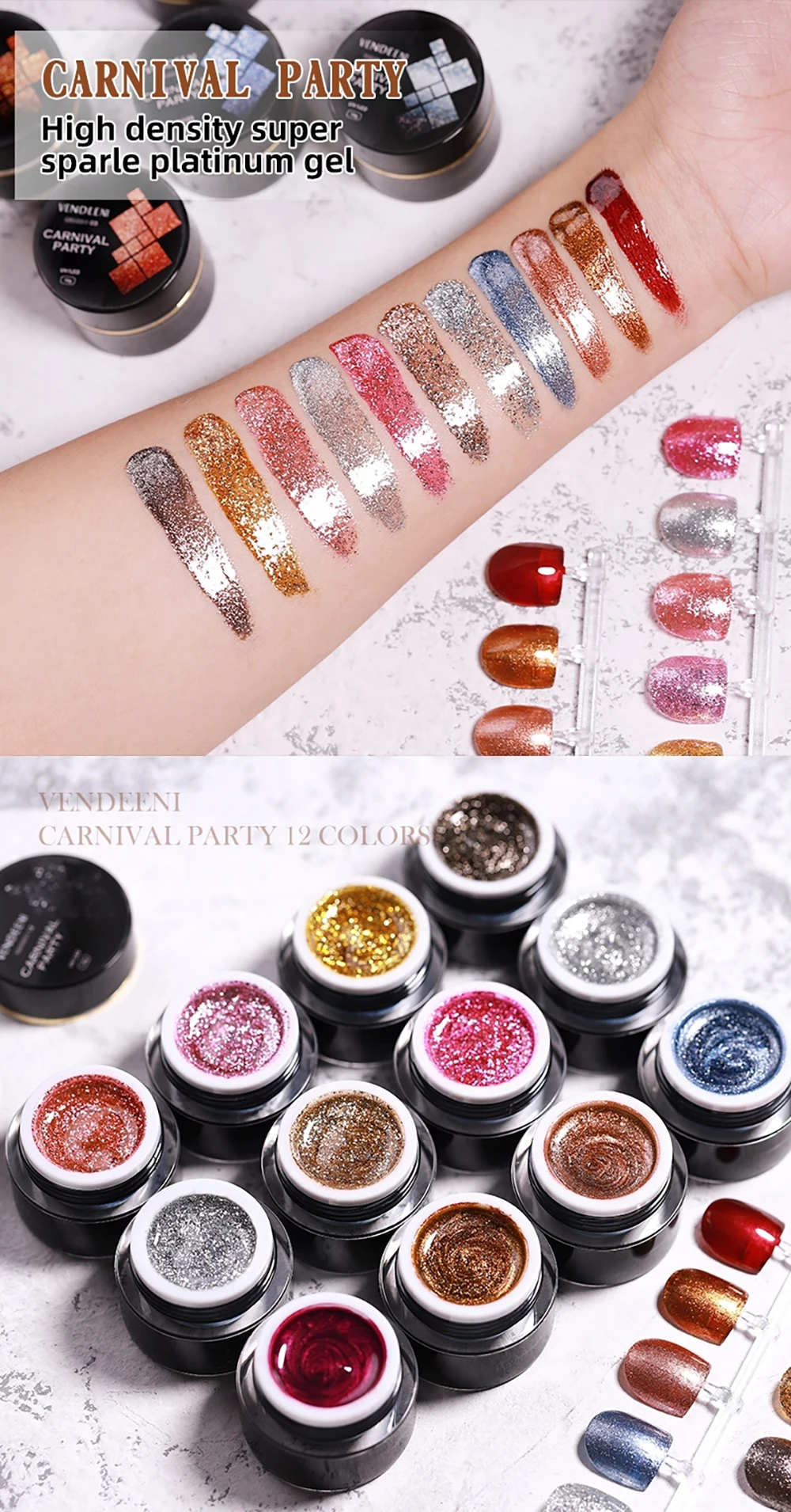 Vendeeni 12 Farben Japanischer Stil Glitzer-Platin-Nagelgel-Lack UV LED Aushärtbarer Gel-Lack Sternenhimmel Glänzender Gel-Lack 10g – Detail 1