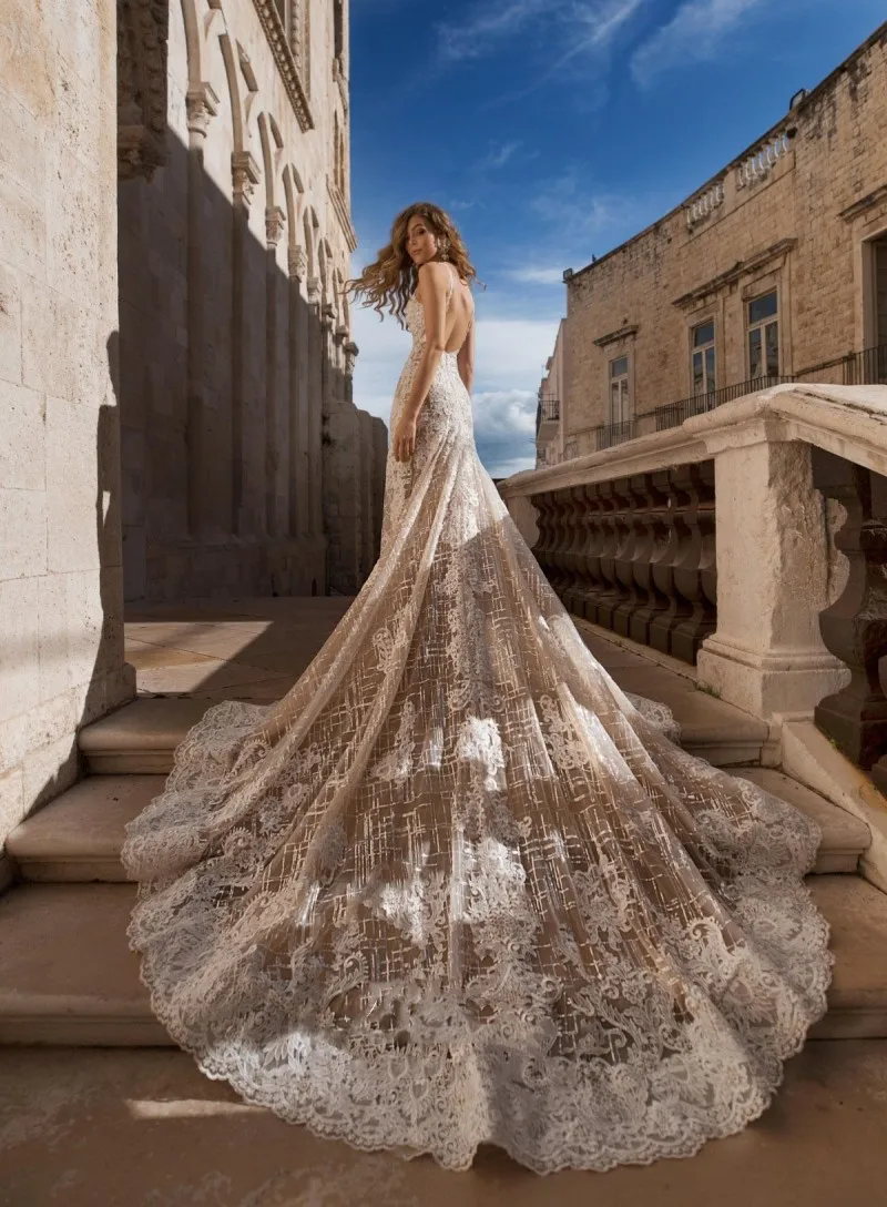 2023 abiti da sposa scollo a V senza maniche Appliques di pizzo abiti da sposa Custom Made Backless Sweep Train Mermaid Robe De Mariee