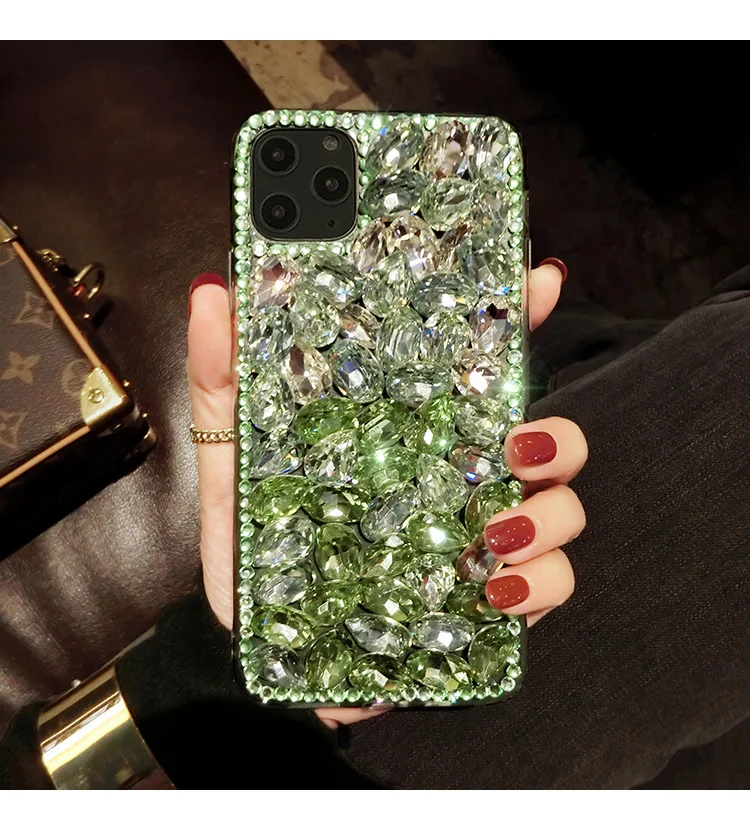 DIY Bling Gradient Color Full Green Crystal Diamond Case Cover For Iphone 15 14 13 12 Mini 11 Pro XS Max XR X 8 7 6S Plus