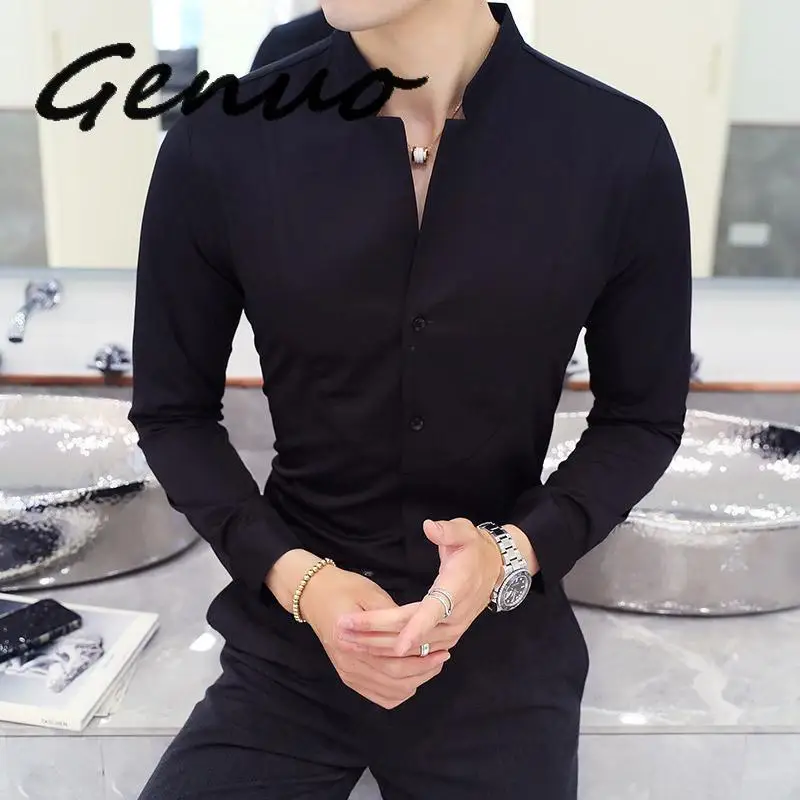 

Fall Winter Stand Collar Mens Long-sleeved Dress Shirts Black Red White Slim Elegant Youth Male Business Wedding Formal Shirt