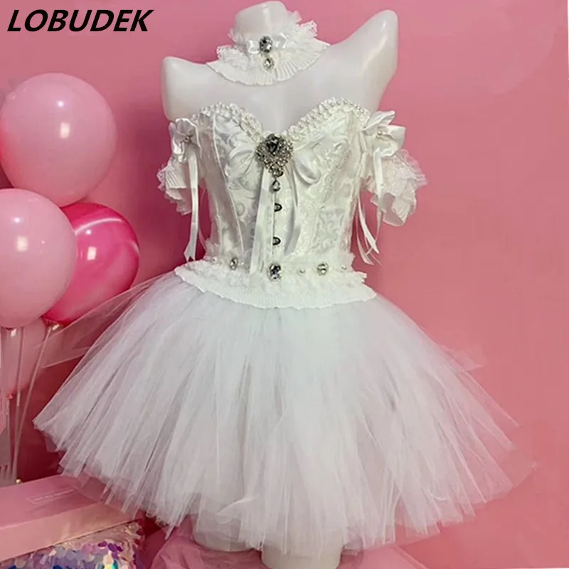 

Lovely White Beads Crystals Dance Clothes Female Dancer Team Singer Bar Club Party Stage Performance Outfit Nightclub DJ Costume