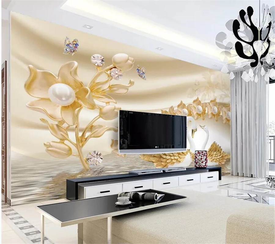 

mural Custom Wallpaper wall papers home decor Luxury golden flowers swan jewelry TV background wall papier peint mural 3d