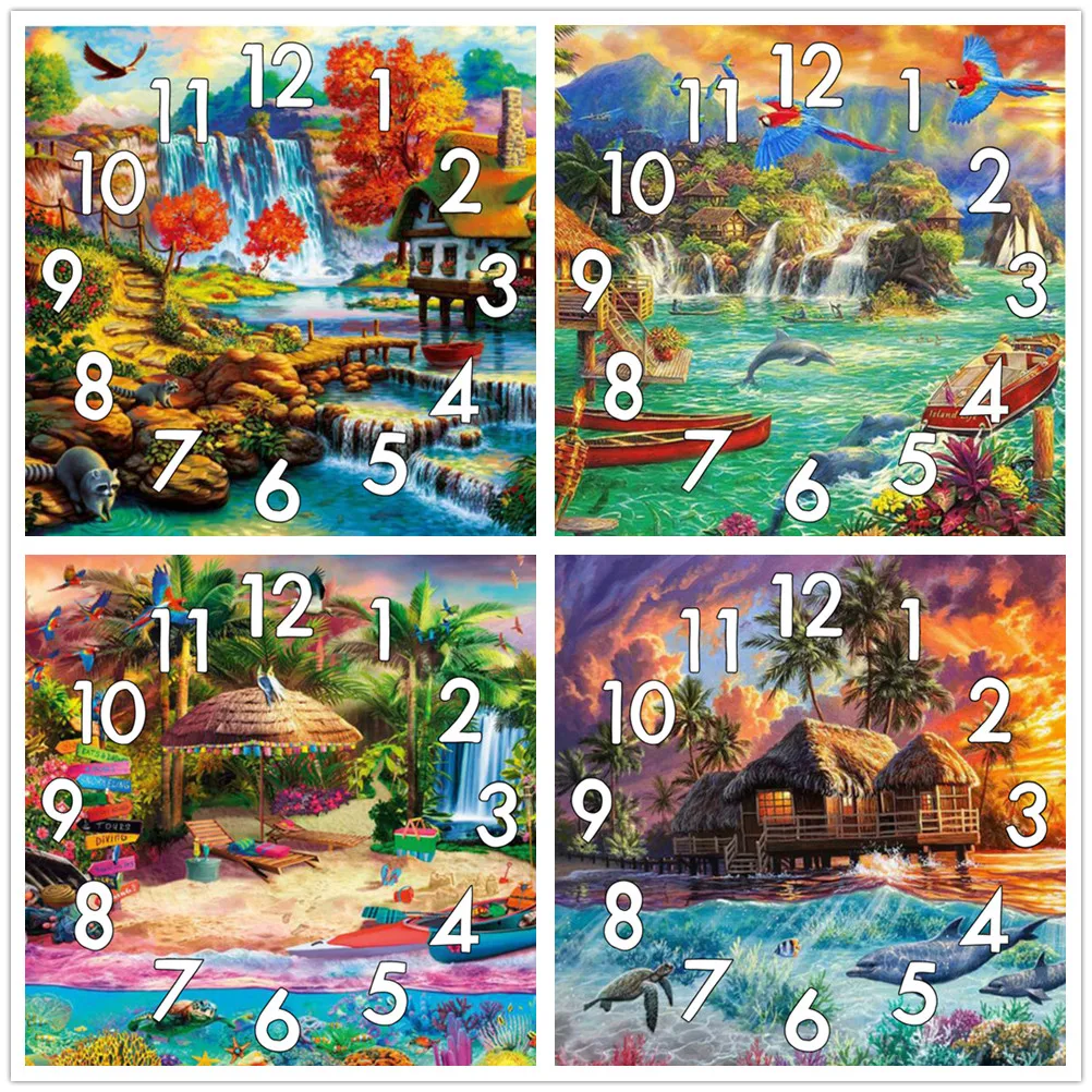 Dpsprue Diamond Painting Cross Stitch Kit landscape painting Gifts Clock Mechanism Mosaic 5D Diy Square Round 3d Embroidery Gift