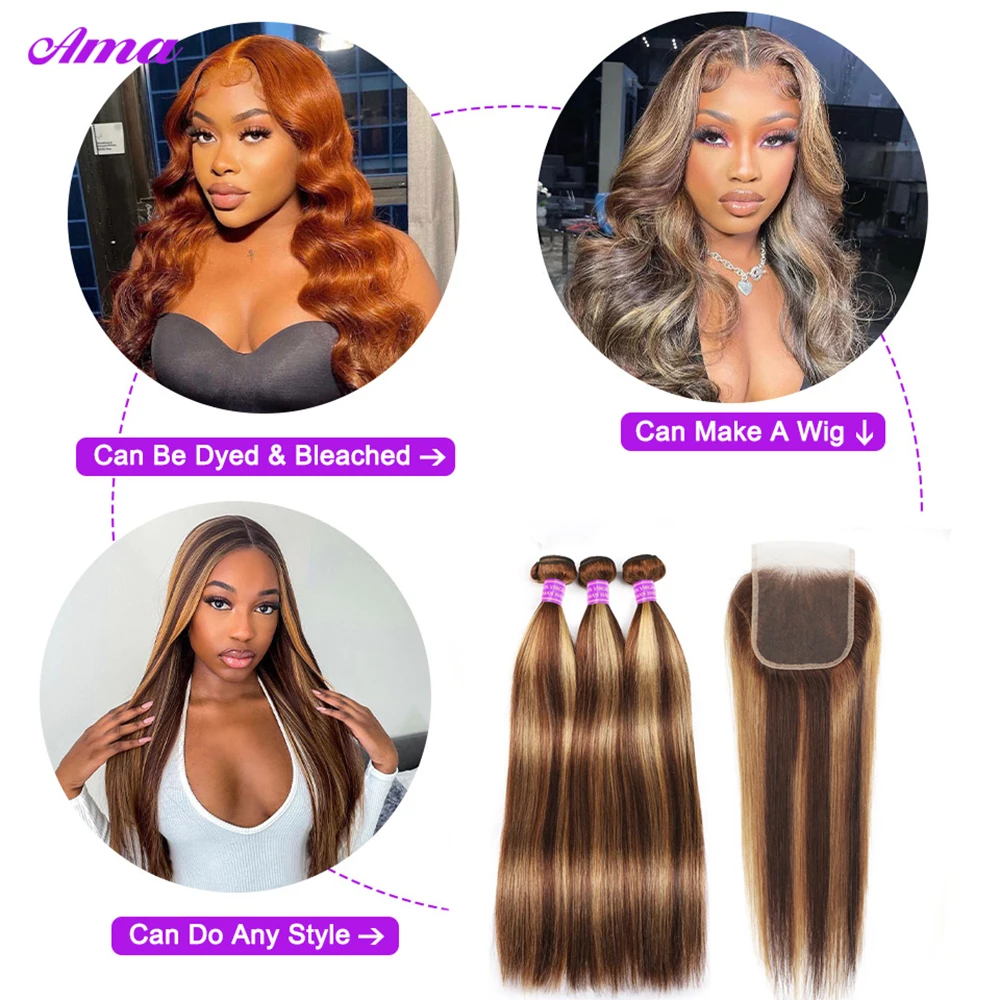 P4 27 Highlight Bundles With Closure Bone Straight Bundles With Closure 4x4 Inch Brown Human Hair Bundles With Closure Free Part