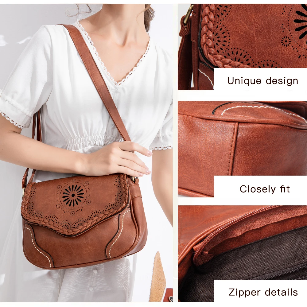 Annmouler Brand Women Shoulder Bag Vintage Pu Leather Crossbody Bag Hollow Out Ladies Satchel Bag Brown Retro Handbag for Girls